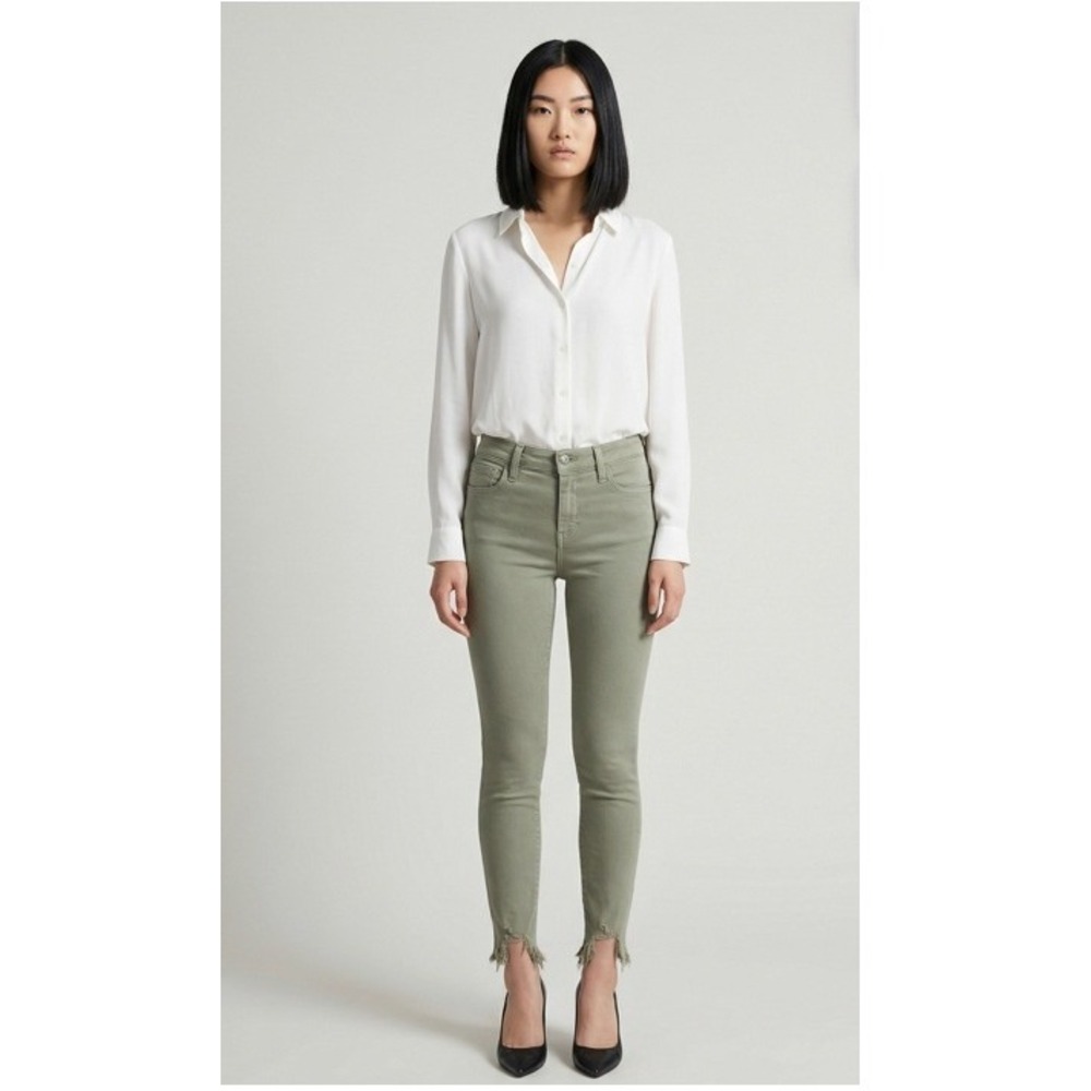 LAGENCE Women's High Rise Skinny Jeans Olive Green Frayed Hem Size 25